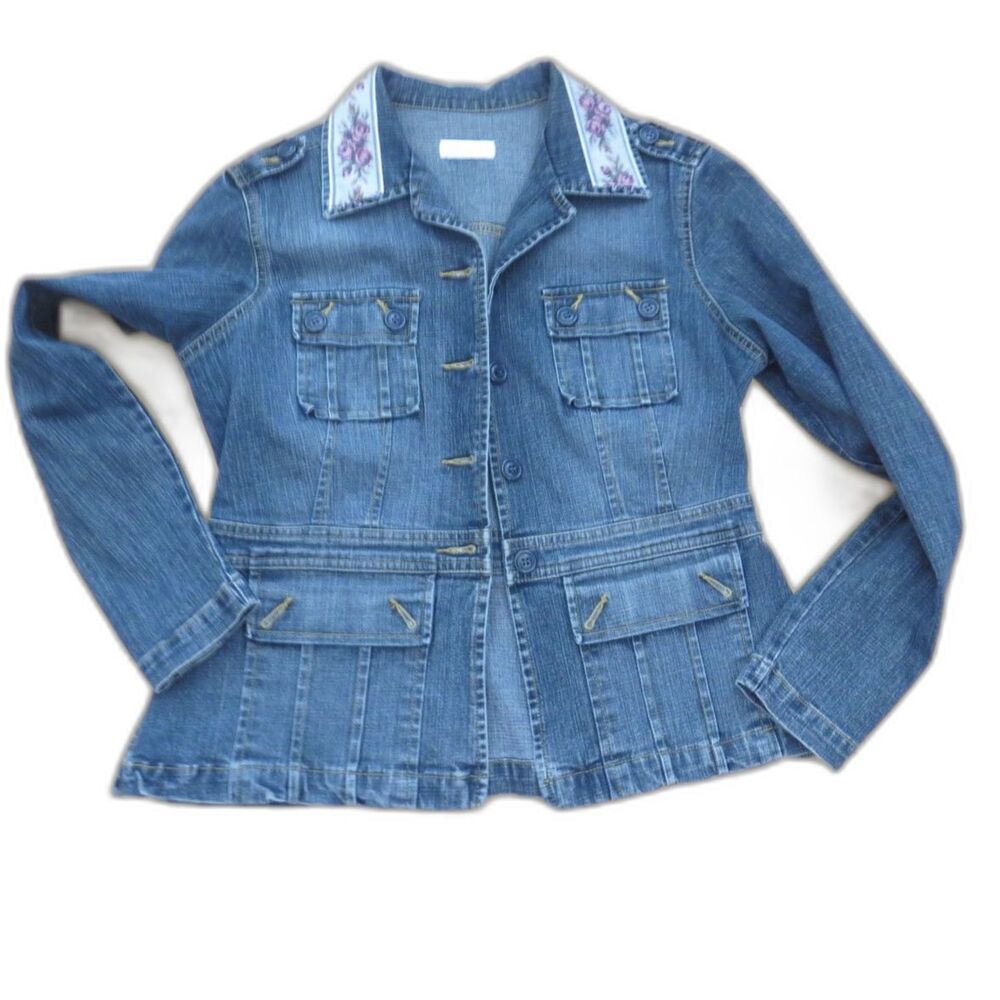 Pearl Jeans Women's Denim Utility Jacket Western Cottagecore Blue M *read EUC
